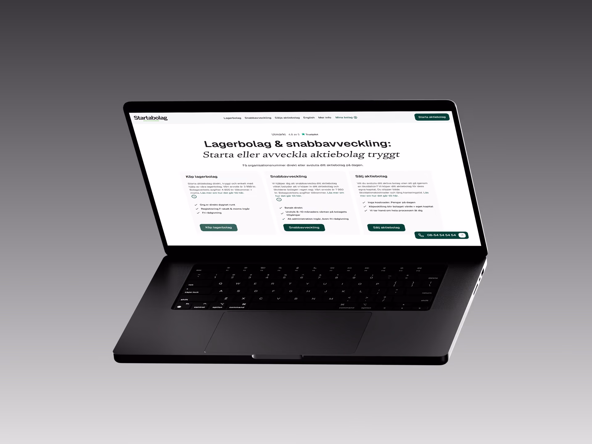 Forsiden til Startabolag på desktop, med de tre tjenestene side om side