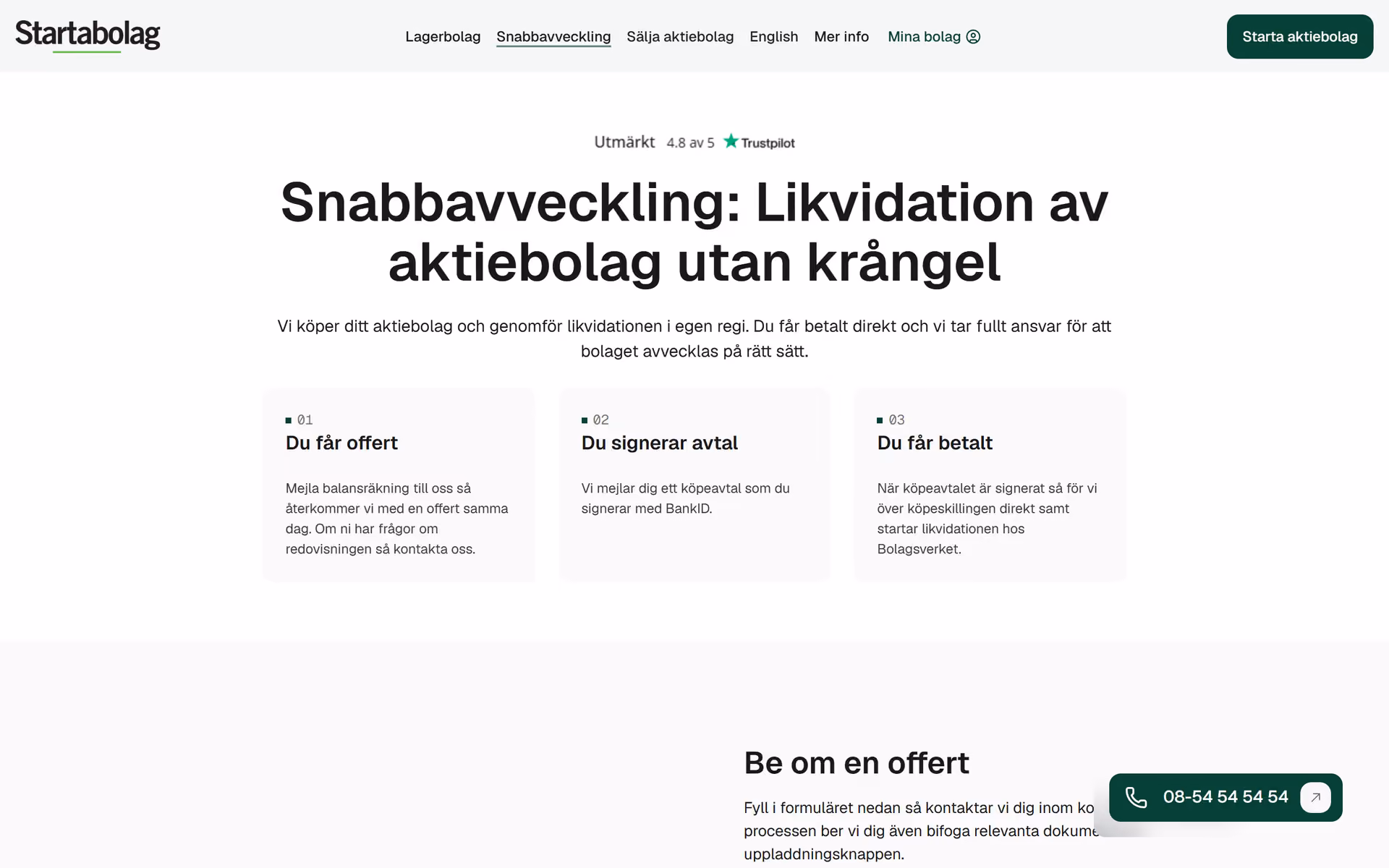 Startabolag-nettsiden – siden om hurtigavvikling på desktop