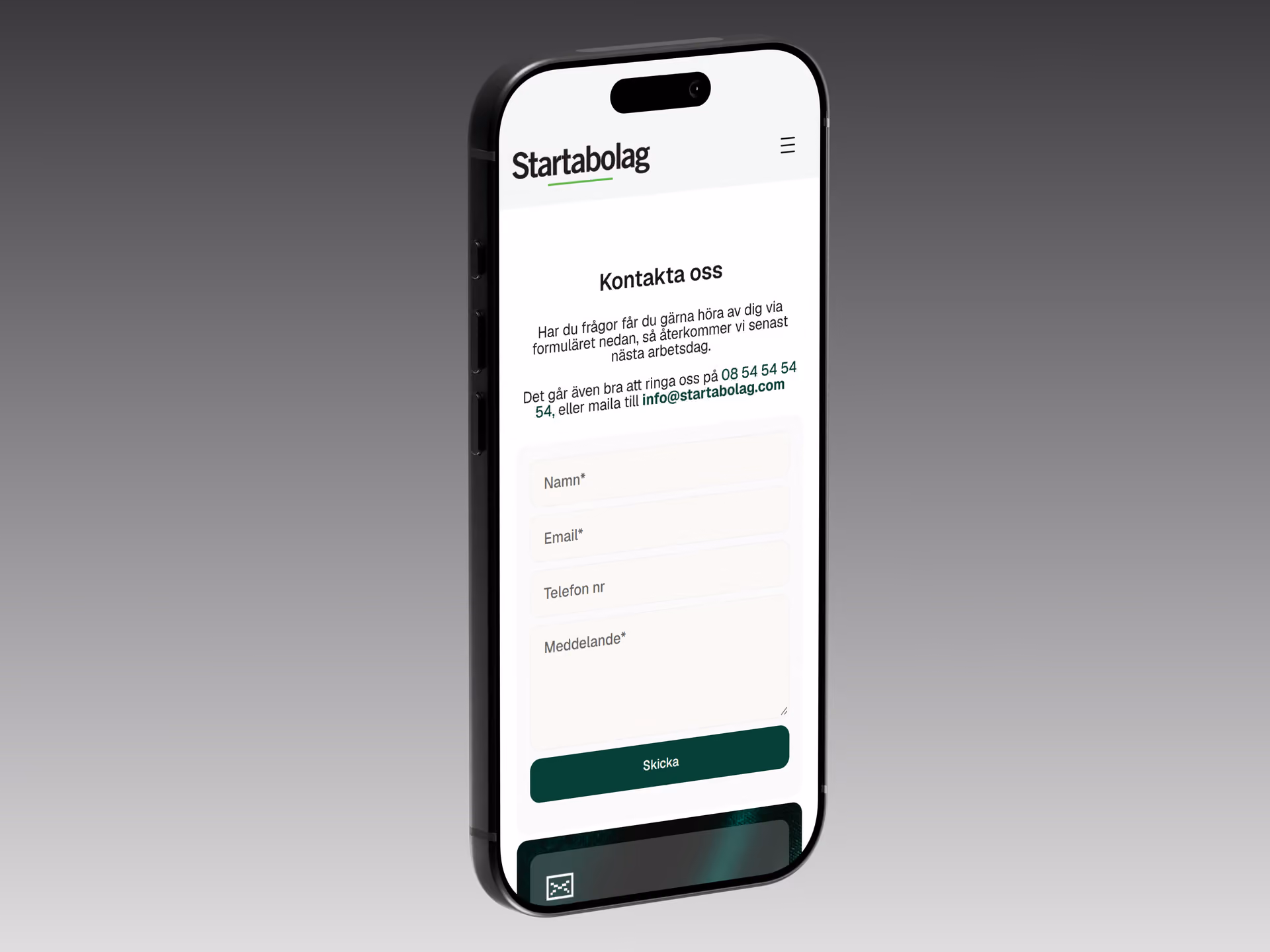 Startabolag-nettsiden – kontaktsiden på mobil