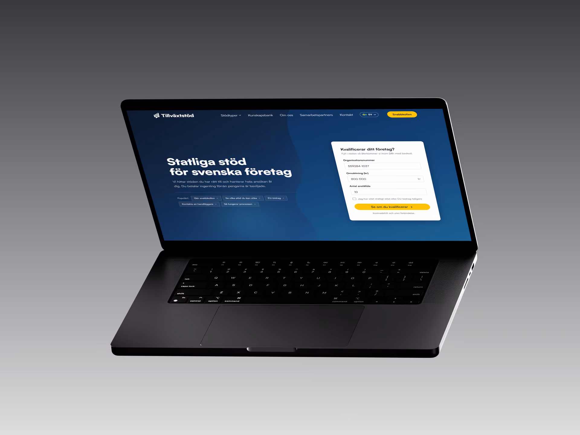 Forsiden til Tillväxtstöd på desktop, med kvalifiseringsskjemaet for svenske bedrifter
