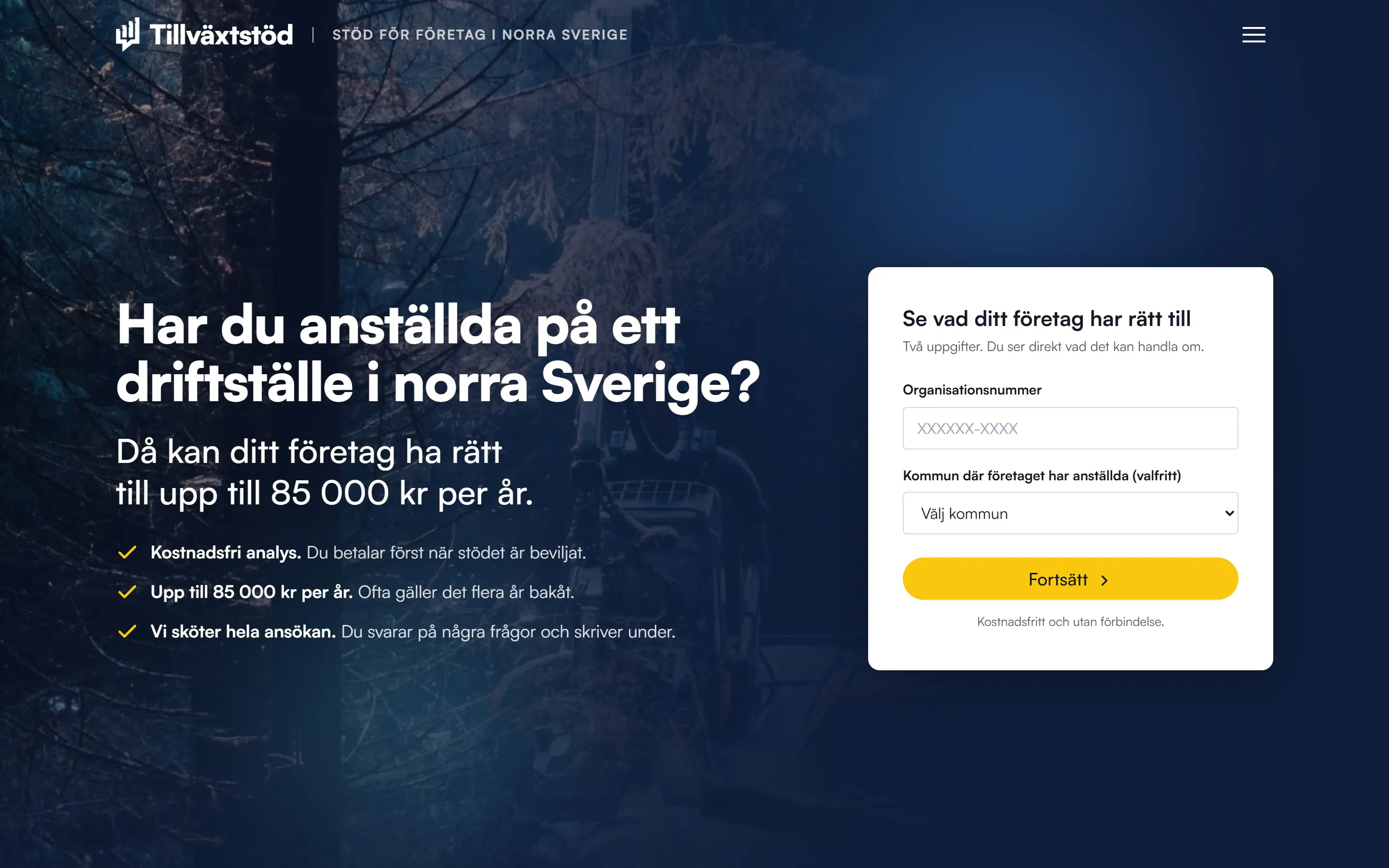 Tillväxtstöds landingsside med overskrift, skjemaets første steg med to felt og tilbud om kostnadsfri analyse