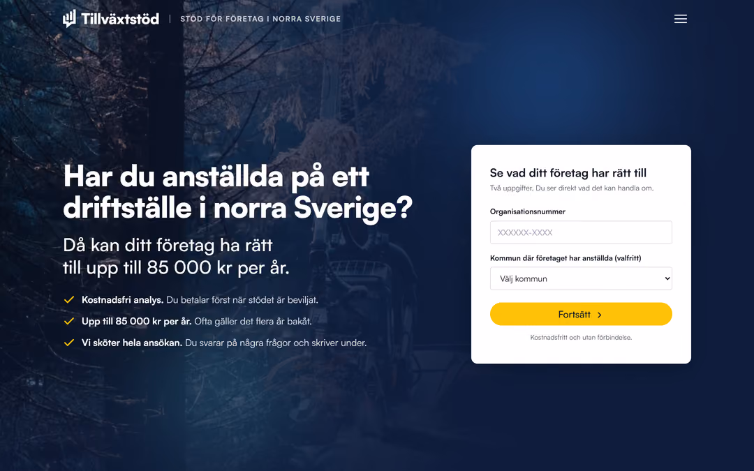 Tillväxtstöds landingsside for bedrifter i Nord-Sverige med overskrift, skjemaets første steg med to felt og tilbud om gratis analyse