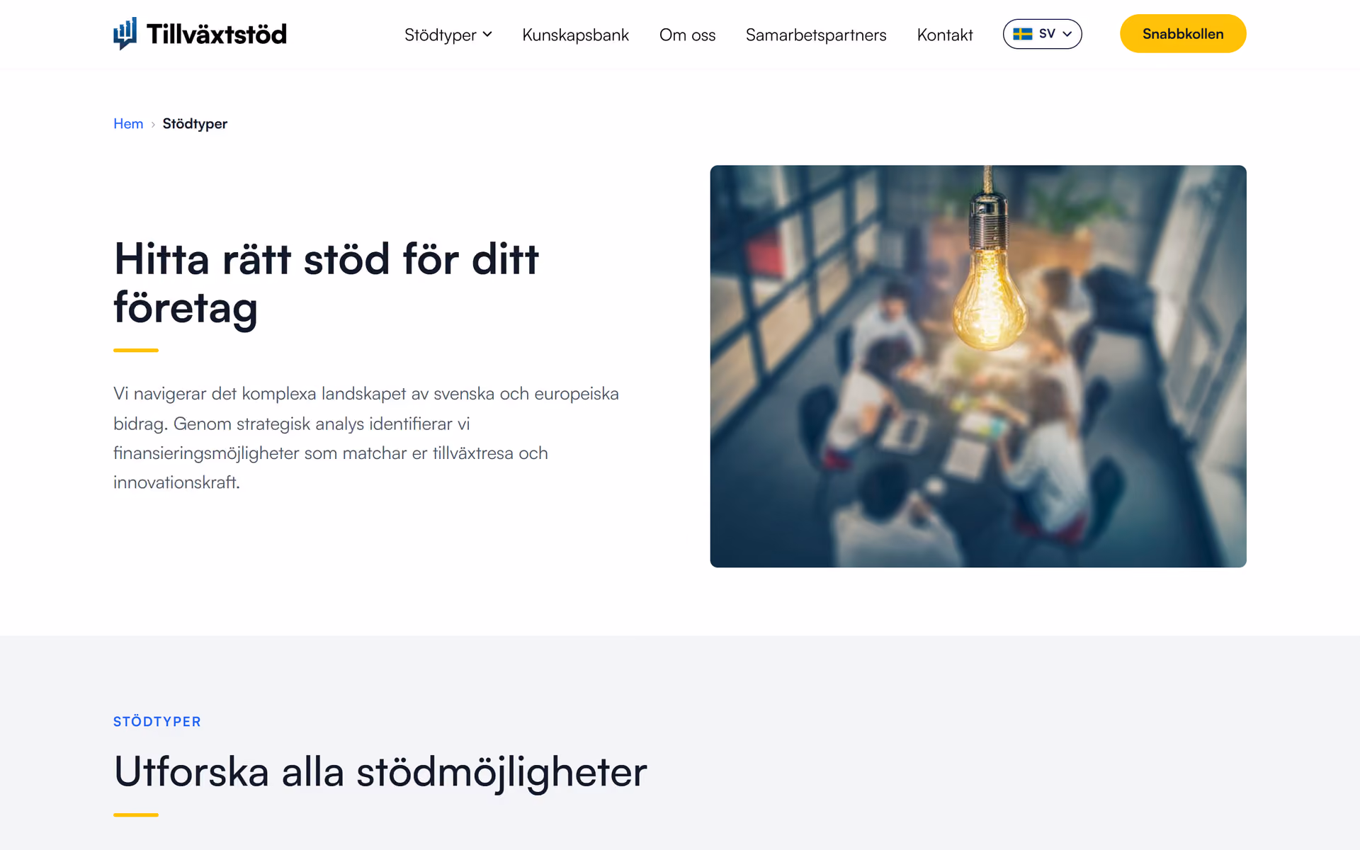 Oversikten over støttetyper på Tillväxtstöd-nettsiden, på desktop