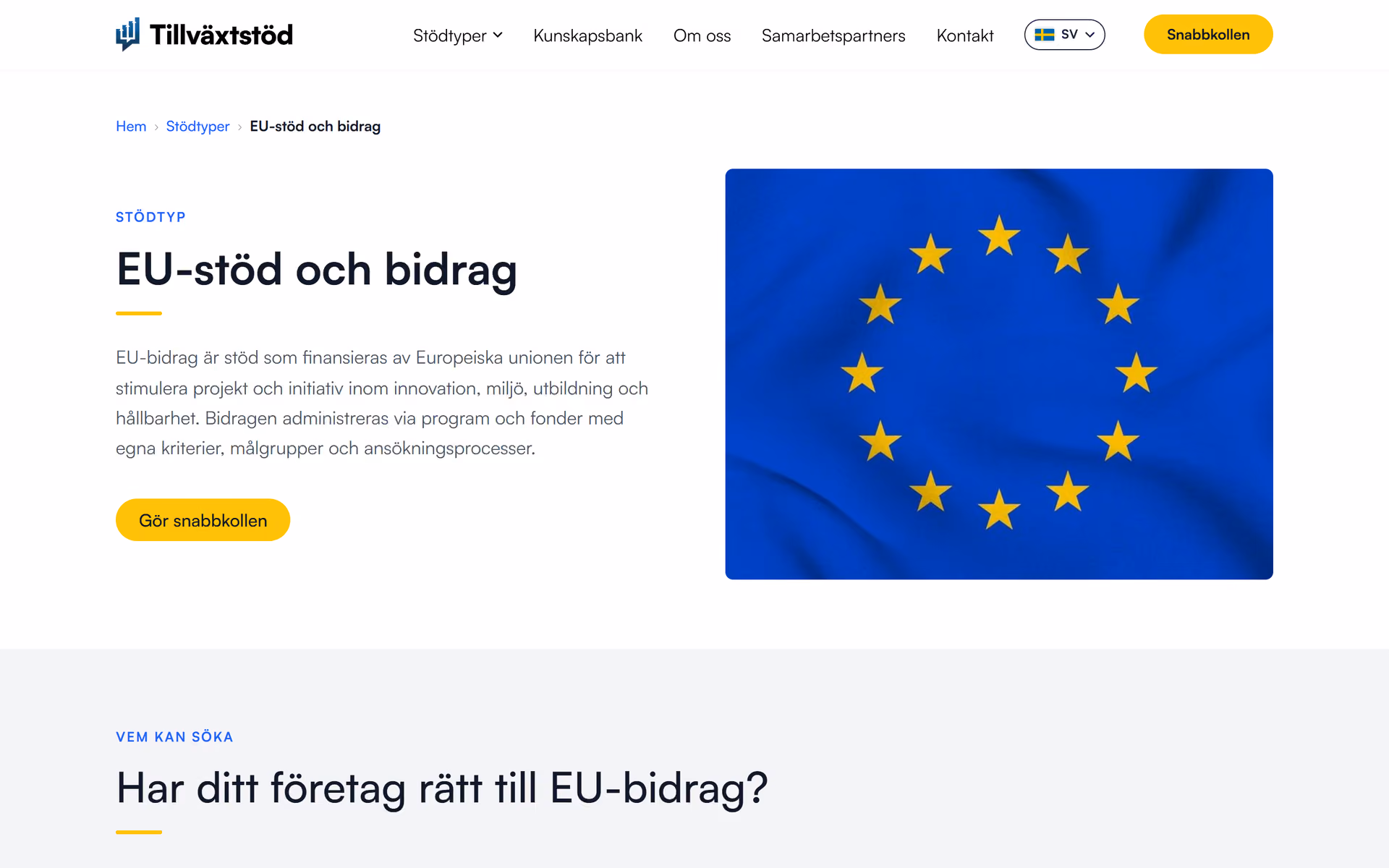 Siden om EU-støtte og tilskudd på Tillväxtstöd-nettsiden, på desktop