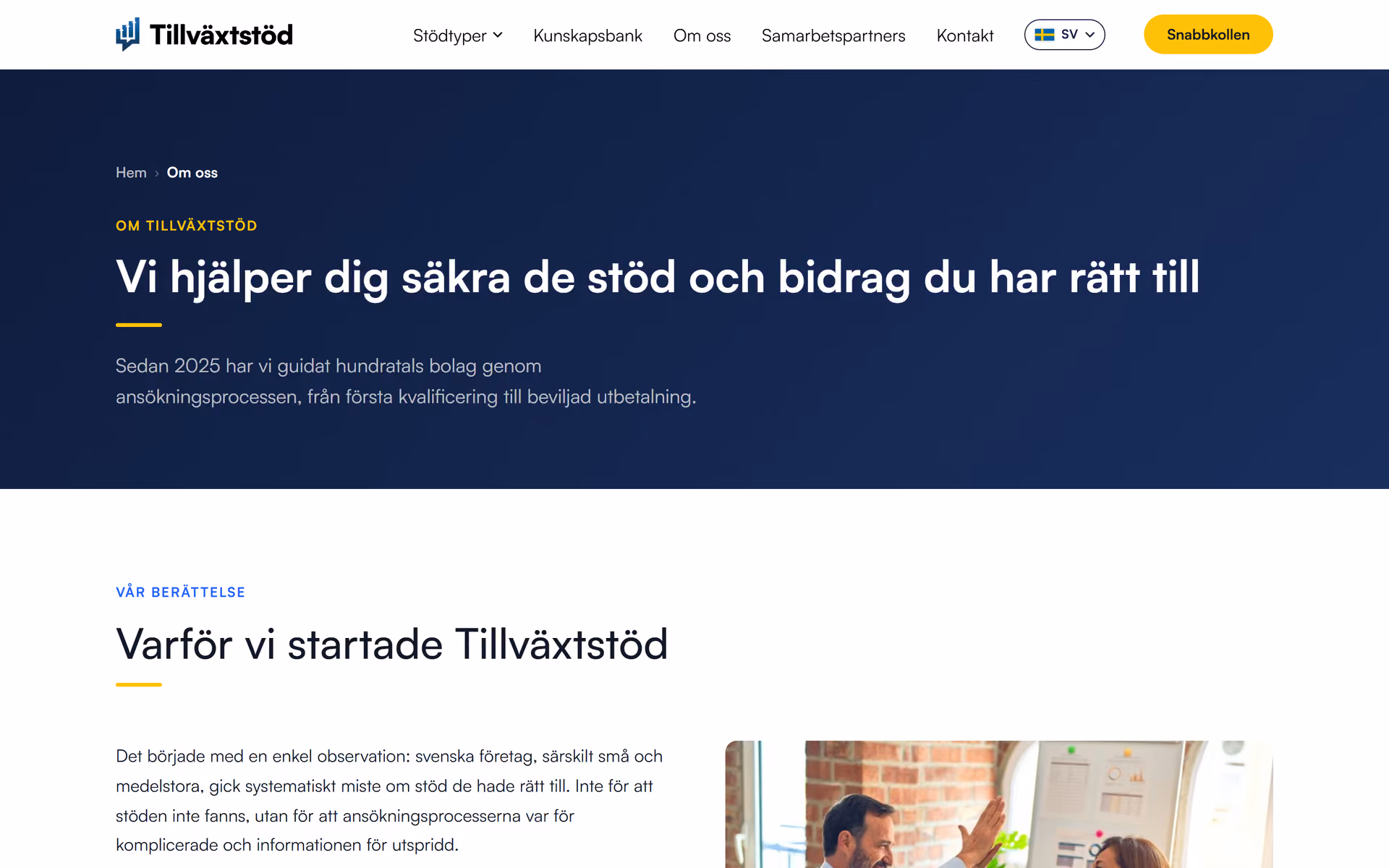 Om oss-siden på Tillväxtstöd-nettsiden, på desktop