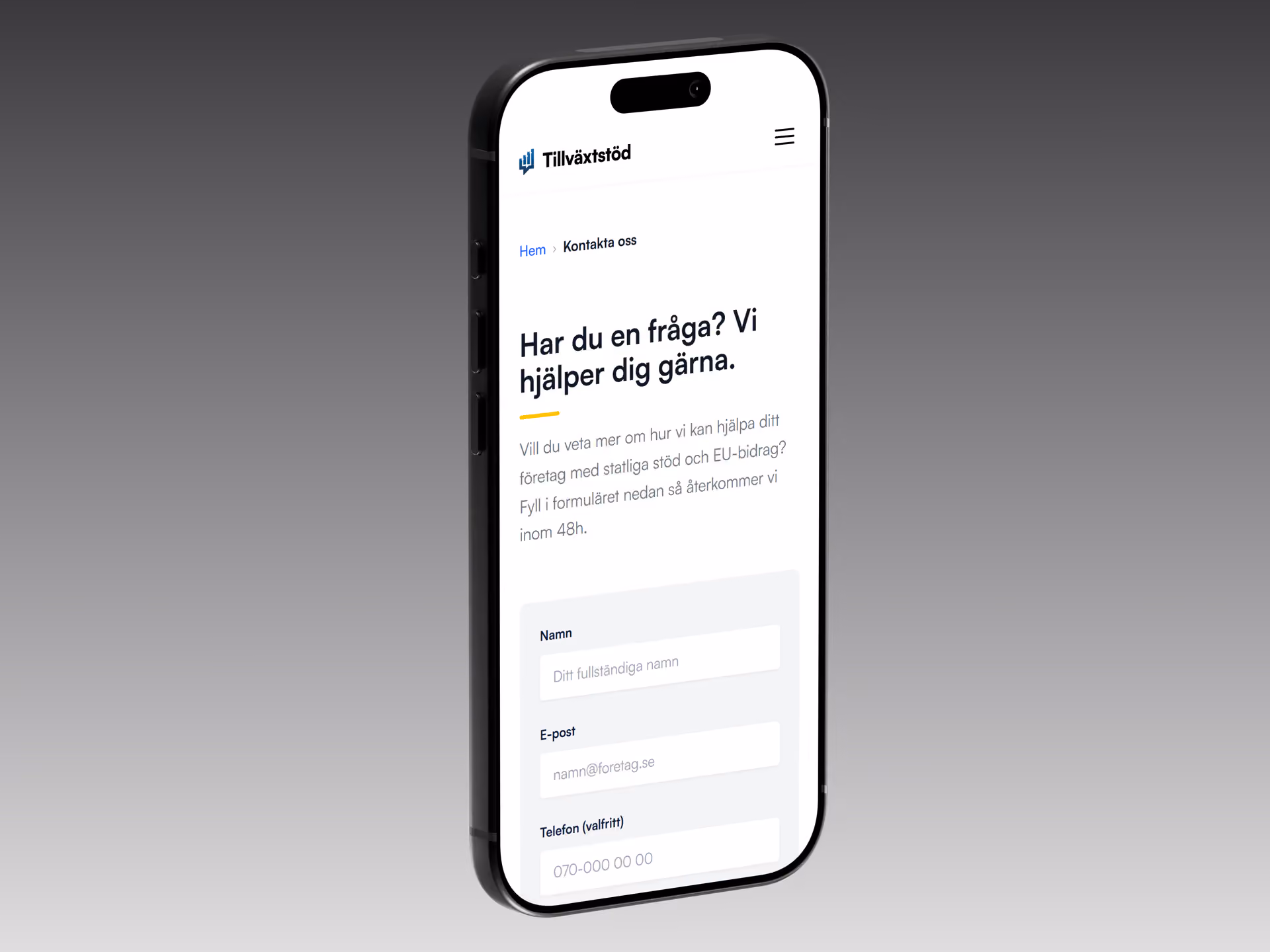 Kontaktsiden til Tillväxtstöd på mobil