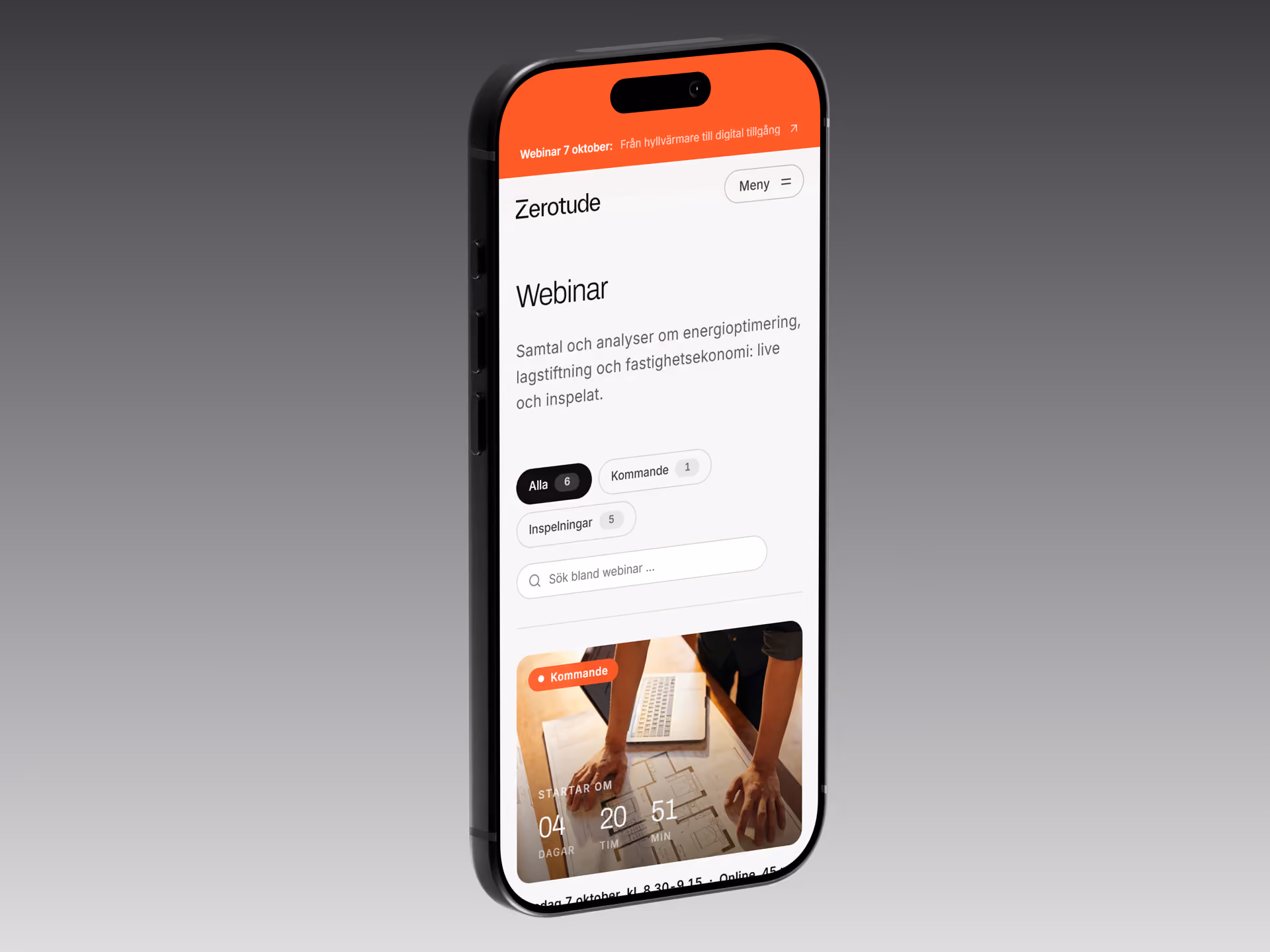 Webinarsidan på zerotude.io i mobilen